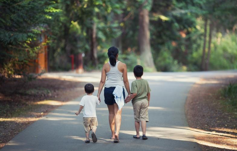Family hiking outside 