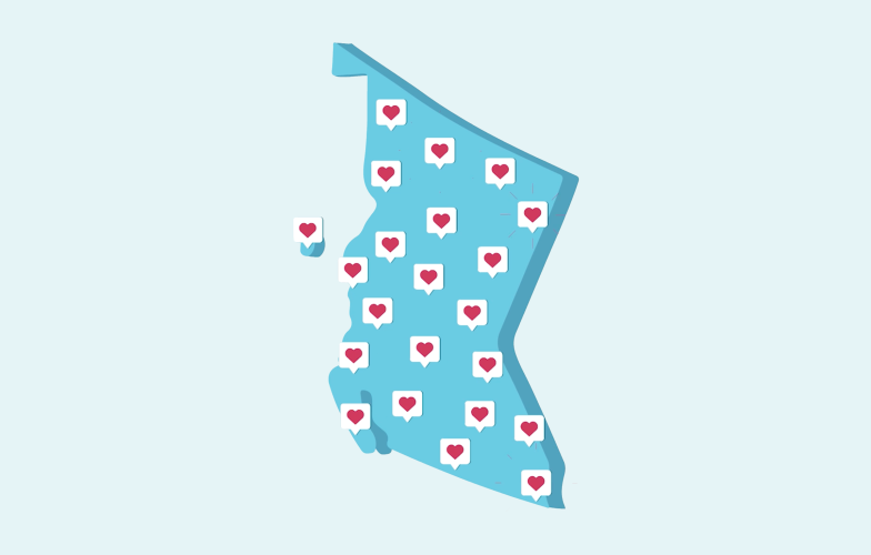 Illustration with a map of the province of BC covered in pins of hearts