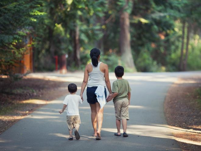 Family hiking outside 