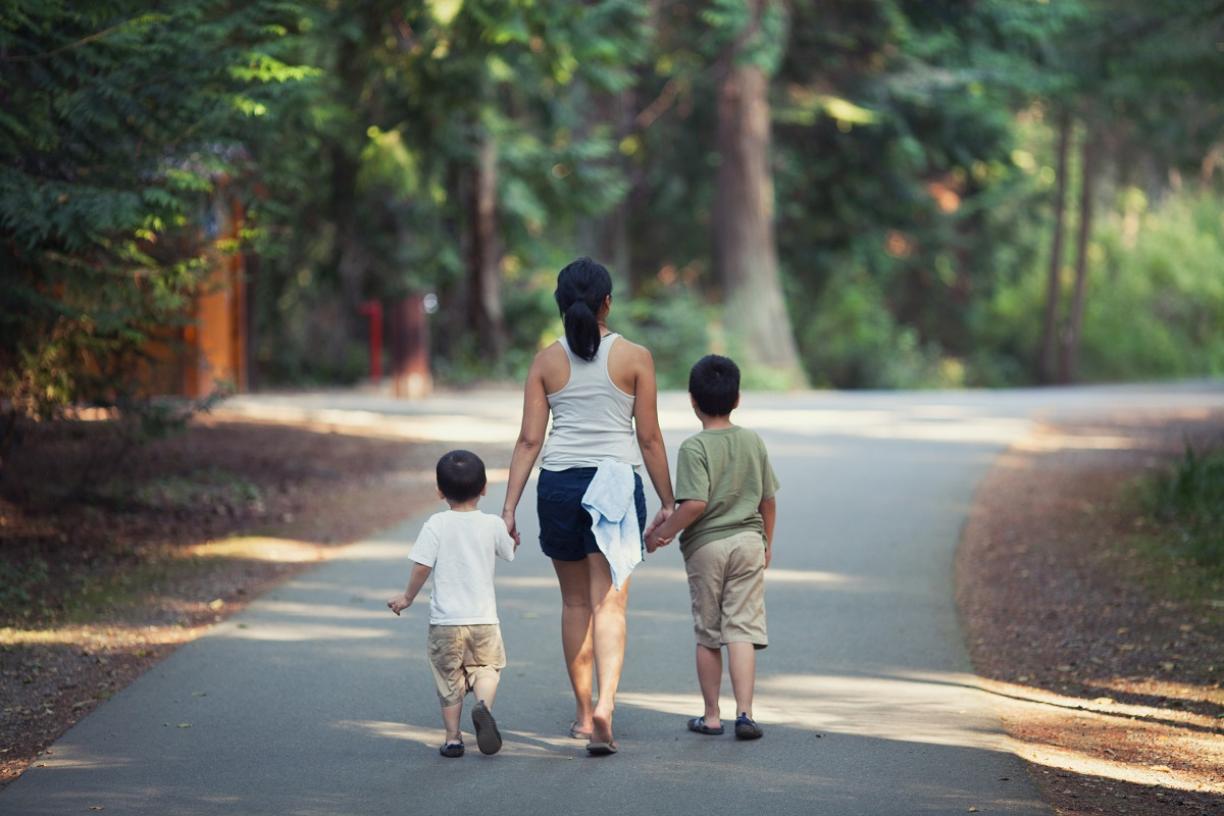 Family hiking outside 