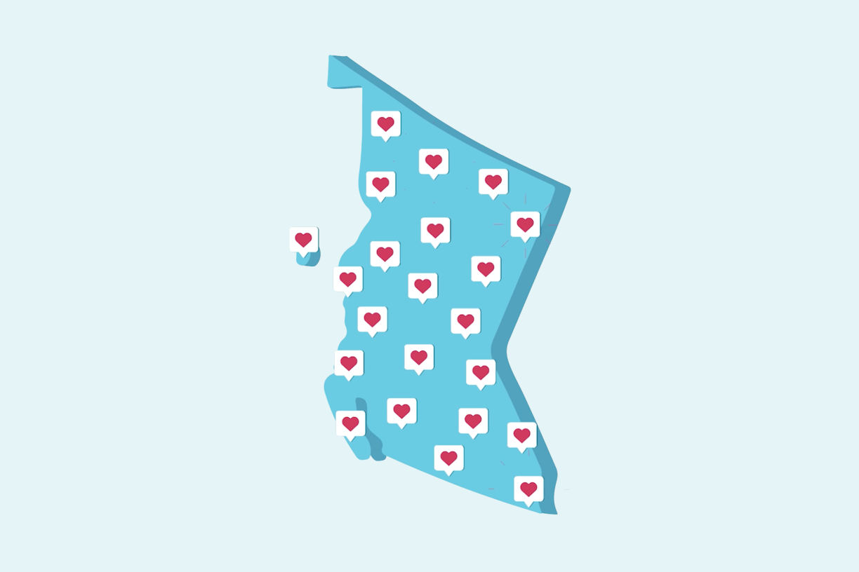 Illustration with a map of the province of BC covered in pins of hearts