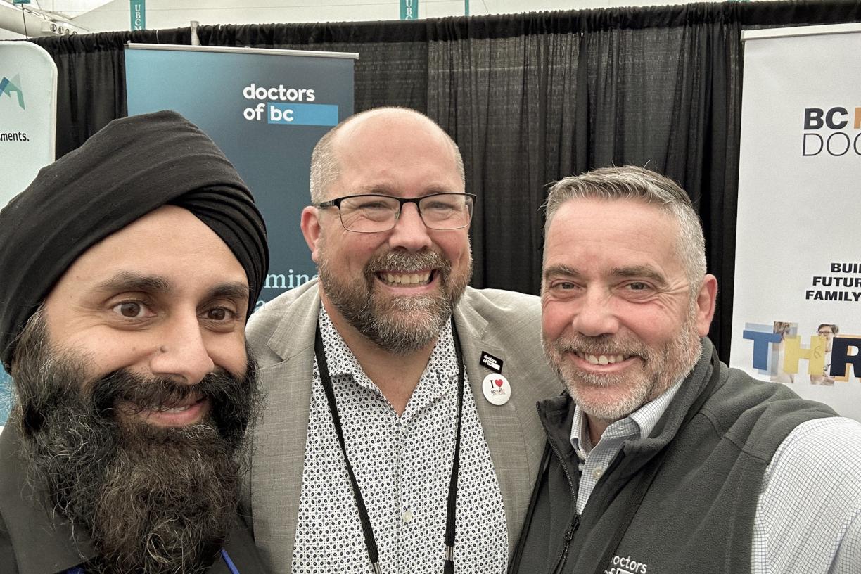 BC Family Doctors President Dr Birinder Narang; Doctors of BC Chief Medical Advisor, Primary Care, Dr Joshua Greggain; and Doctors of BC President Dr Adam Thompson.
